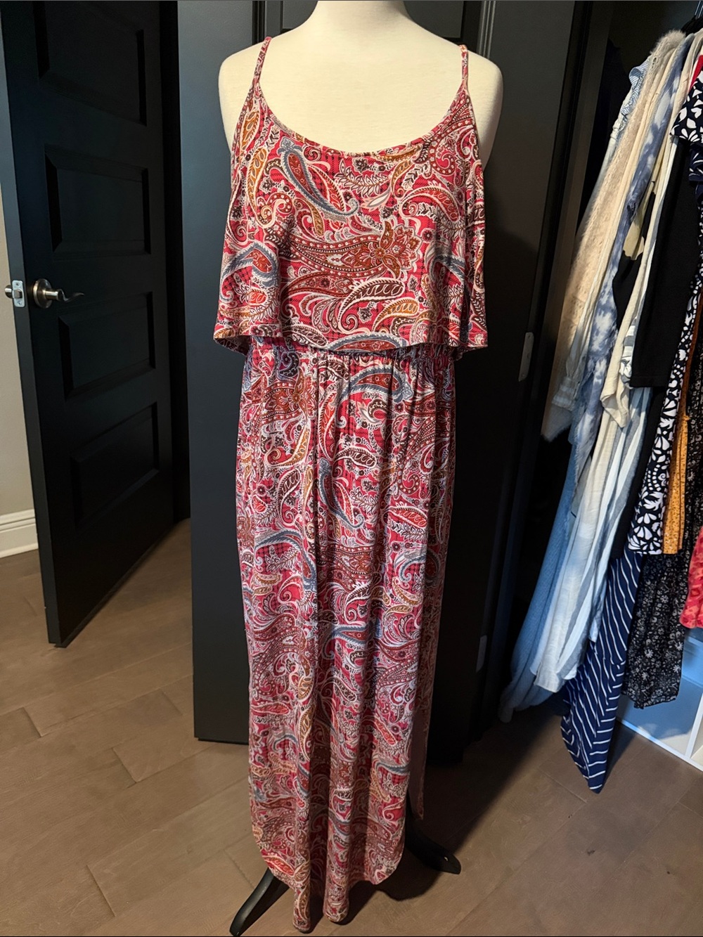 Red Paisley Spaghetti-Strap Maxi Dress
